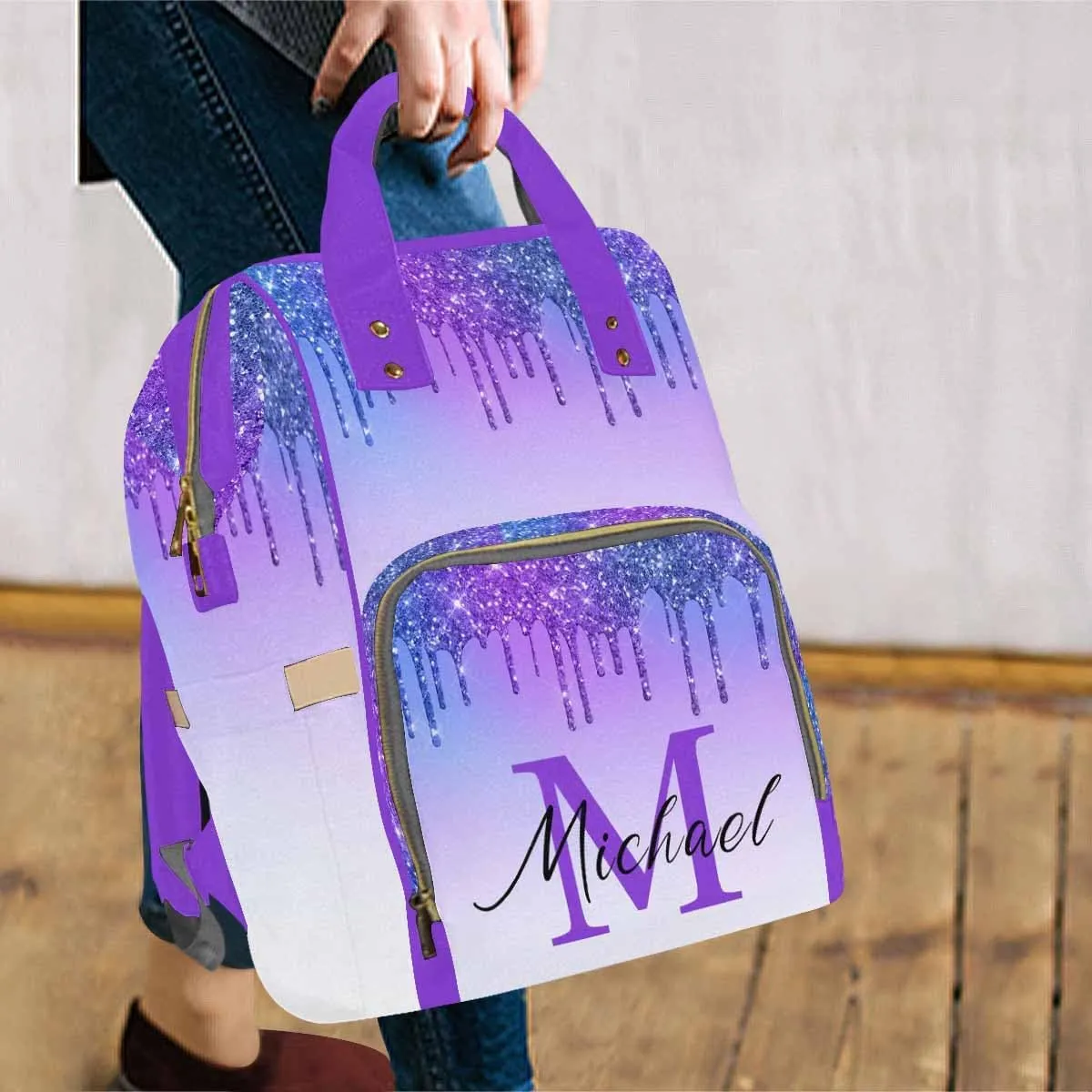 Artsadd Custom Made Diaper Bags for Men Women, Customized Gradient Purple Glitter Diaper Bag Cute Tote Bags Personalized Mommy Nursing Daycare Bags Shoulder Casual Daypack