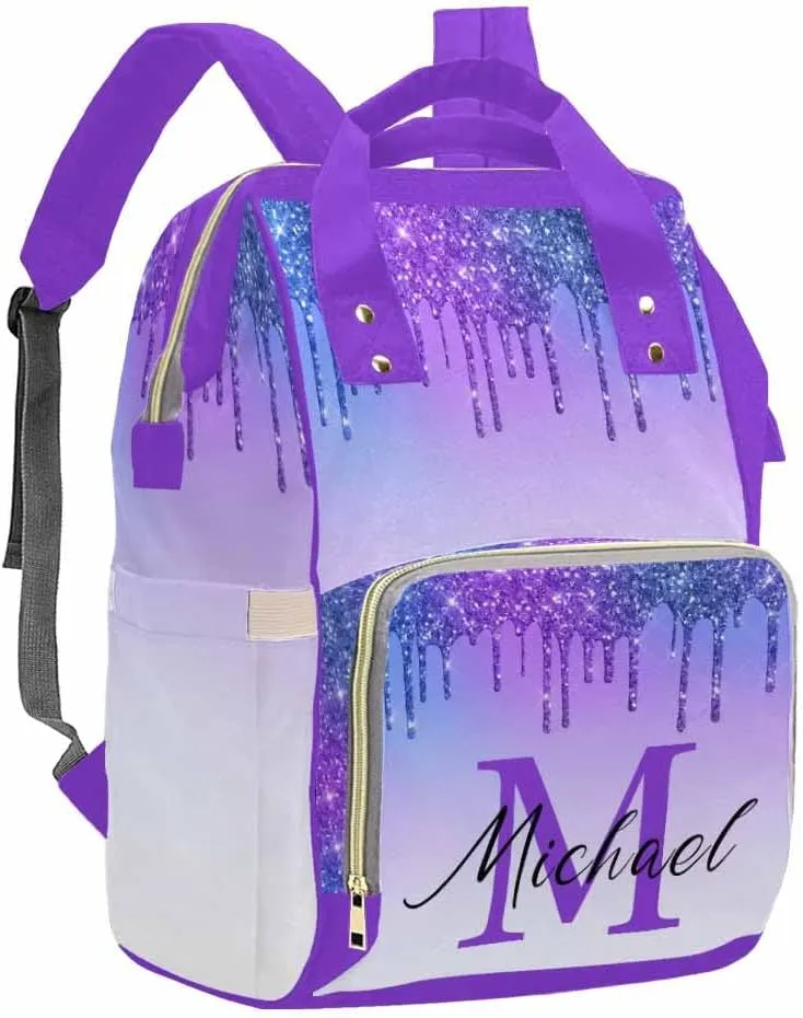 Artsadd Custom Made Diaper Bags for Men Women, Customized Gradient Purple Glitter Diaper Bag Cute Tote Bags Personalized Mommy Nursing Daycare Bags Shoulder Casual Daypack