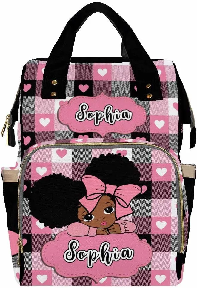 Artsadd Custom Name Baby Diaper Bag from Mom Dad, Personalized Pink Hearts Plaid Baby Backpack with Stroller Straps Large Capacity Shoulder Bag for Girls Daughter
