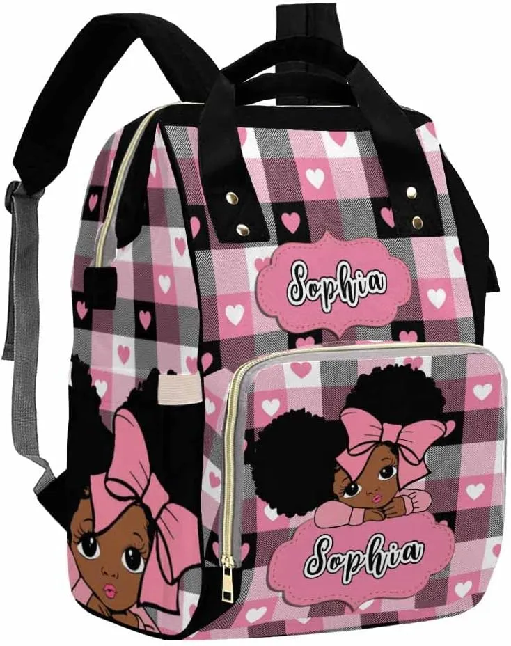 Artsadd Custom Name Baby Diaper Bag from Mom Dad, Personalized Pink Hearts Plaid Baby Backpack with Stroller Straps Large Capacity Shoulder Bag for Girls Daughter