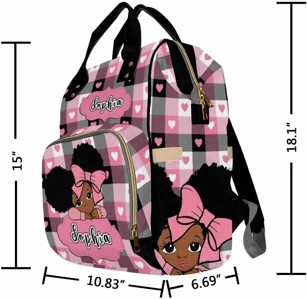 Artsadd Custom Name Baby Diaper Bag from Mom Dad, Personalized Pink Hearts Plaid Baby Backpack with Stroller Straps Large Capacity Shoulder Bag for Girls Daughter