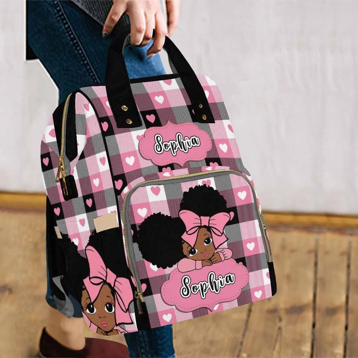 Artsadd Custom Name Baby Diaper Bag from Mom Dad, Personalized Pink Hearts Plaid Baby Backpack with Stroller Straps Large Capacity Shoulder Bag for Girls Daughter