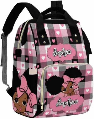 Artsadd Custom Name Baby Diaper Bag from Mom Dad, Personalized Pink Hearts Plaid Baby Backpack with Stroller Straps Large Capacity Shoulder Bag for Girls Daughter