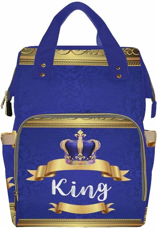 Artsadd Custom Name Diaper Bag for Mom, Personalized Blue Golden Crown Backpack with Stroller Straps Large Travel Shoulder Bag Nappy Bag Gifts for Work Hiking