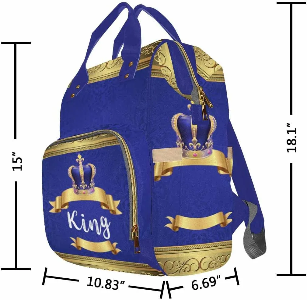 Artsadd Custom Name Diaper Bag for Mom, Personalized Blue Golden Crown Backpack with Stroller Straps Large Travel Shoulder Bag Nappy Bag Gifts for Work Hiking