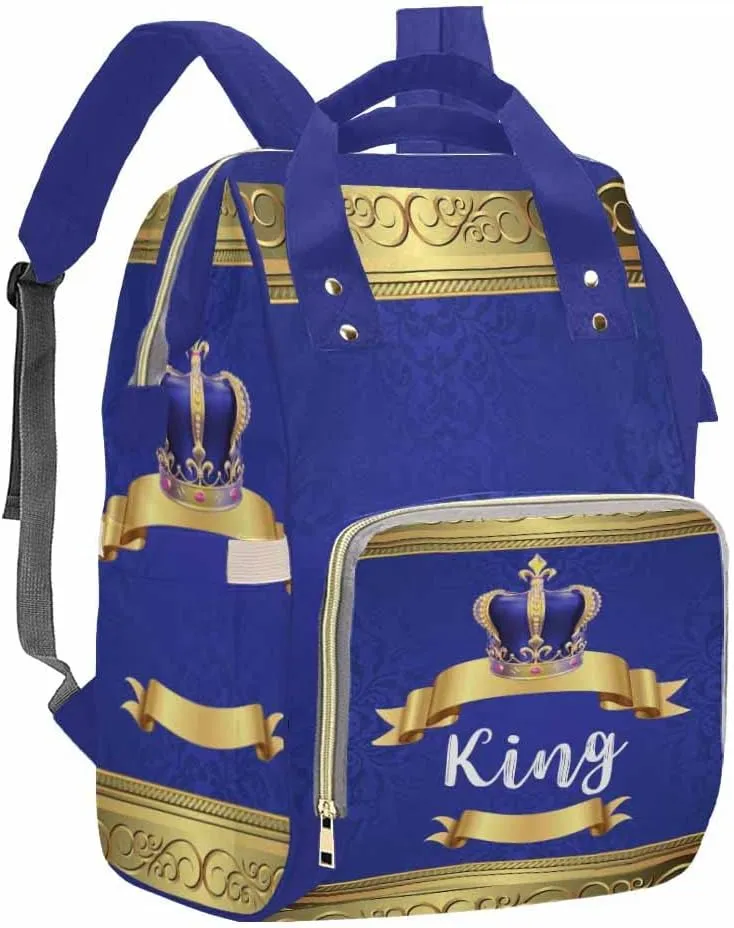 Artsadd Custom Name Diaper Bag for Mom, Personalized Blue Golden Crown Backpack with Stroller Straps Large Travel Shoulder Bag Nappy Bag Gifts for Work Hiking