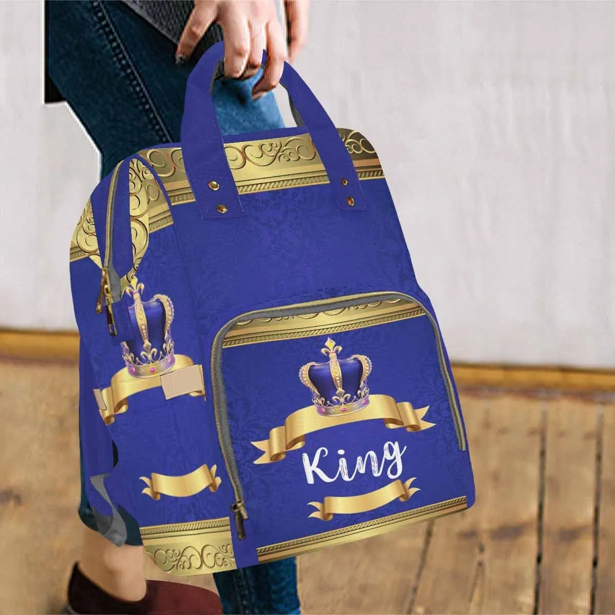 Artsadd Custom Name Diaper Bag for Mom, Personalized Blue Golden Crown Backpack with Stroller Straps Large Travel Shoulder Bag Nappy Bag Gifts for Work Hiking