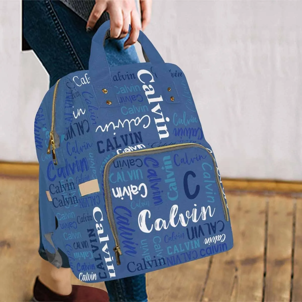 Artsadd Custom Name Diaper Bag for Mom, Personalized Blue Monogram Backpack with Stroller Straps Large Travel Shoulder Bag Capacity Nappy Bag for Baby Shower Gifts