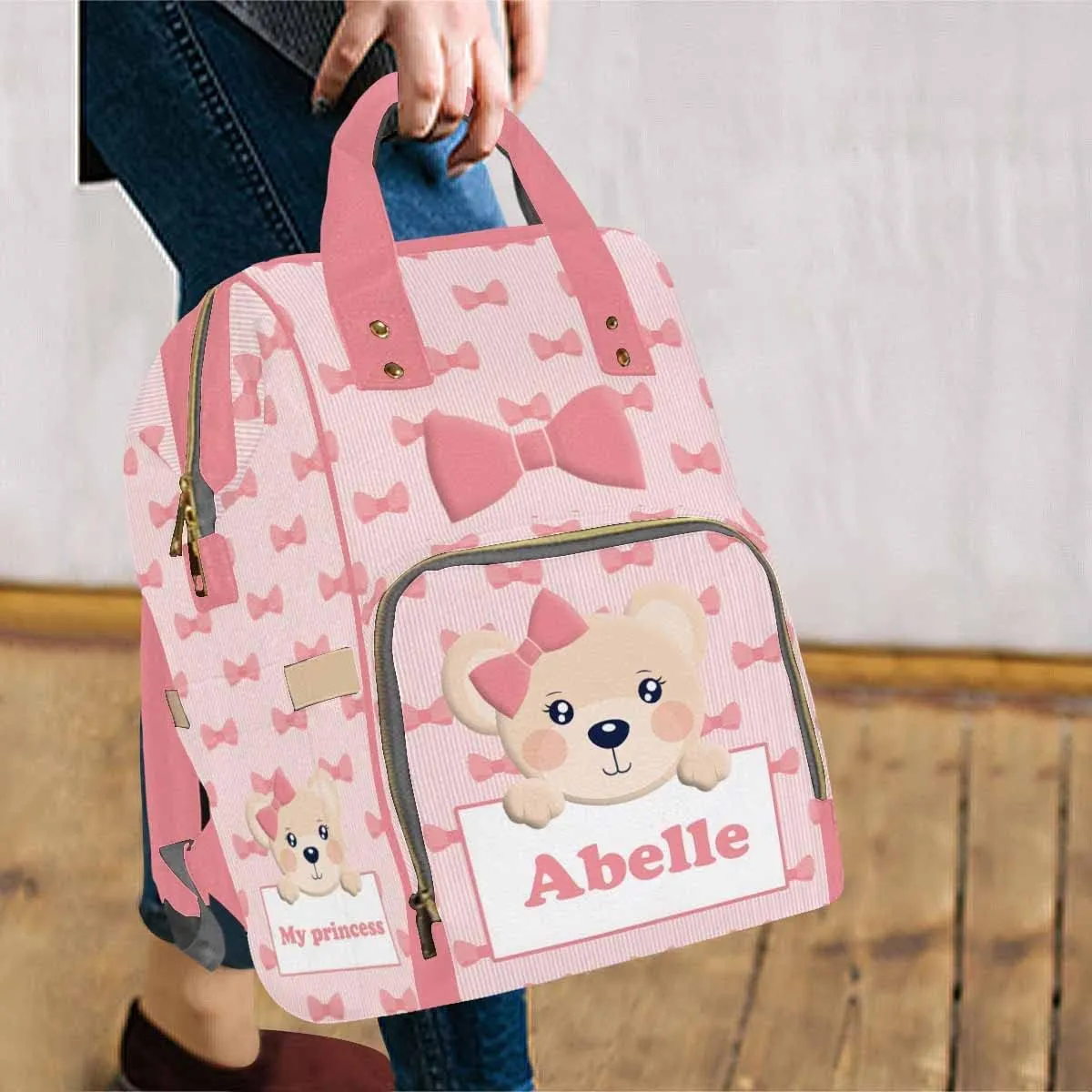 Artsadd Personalized Diaper Bag Backpack with Name, Customized Pink Bow Tie Nappy Backpack with Thermal Pockets Multifunction Shoulder Bag for Granddaughter Gifts