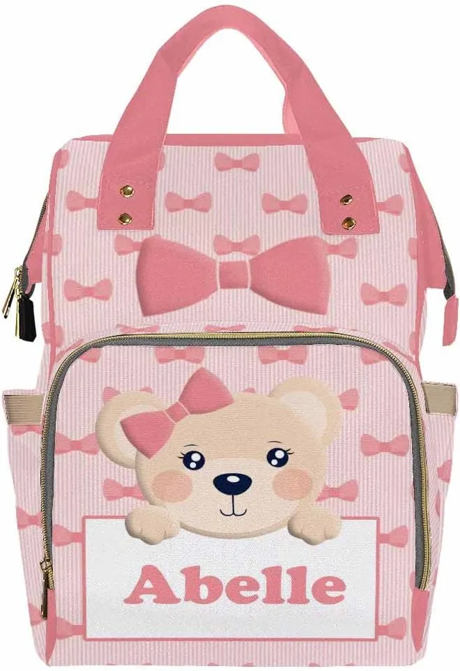 Artsadd Personalized Diaper Bag Backpack with Name, Customized Pink Bow Tie Nappy Backpack with Thermal Pockets Multifunction Shoulder Bag for Granddaughter Gifts