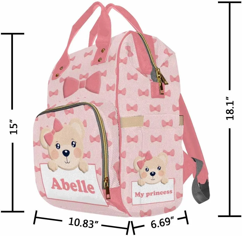 Artsadd Personalized Diaper Bag Backpack with Name, Customized Pink Bow Tie Nappy Backpack with Thermal Pockets Multifunction Shoulder Bag for Granddaughter Gifts