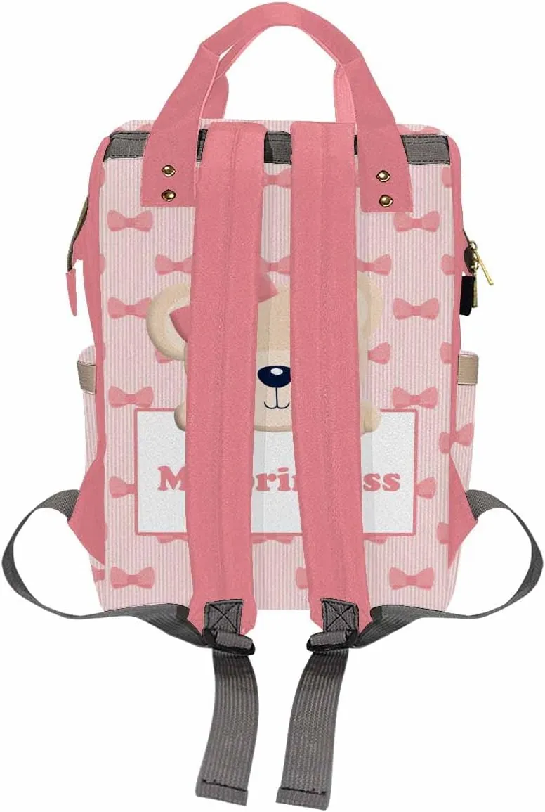 Artsadd Personalized Diaper Bag Backpack with Name, Customized Pink Bow Tie Nappy Backpack with Thermal Pockets Multifunction Shoulder Bag for Granddaughter Gifts