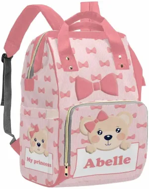 Artsadd Personalized Diaper Bag Backpack with Name, Customized Pink Bow Tie Nappy Backpack with Thermal Pockets Multifunction Shoulder Bag for Granddaughter Gifts