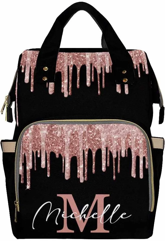 Artsadd Personalized Diaper Bag with Name, Customized Black Pink Glitter Nappy Backpack with Thermal Pockets Handbag Shoulder Bag Multi-function Bags for Women Men