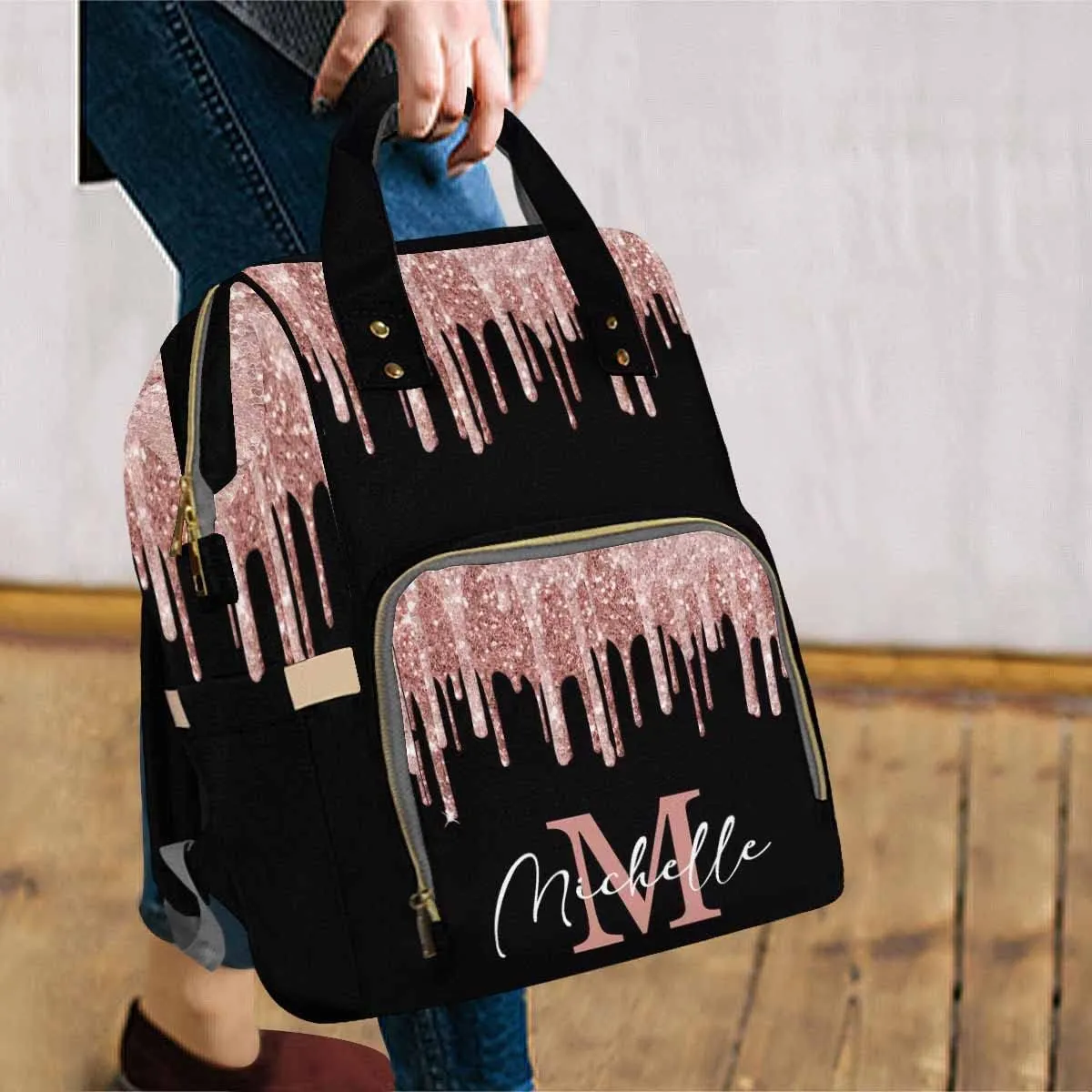 Artsadd Personalized Diaper Bag with Name, Customized Black Pink Glitter Nappy Backpack with Thermal Pockets Handbag Shoulder Bag Multi-function Bags for Women Men