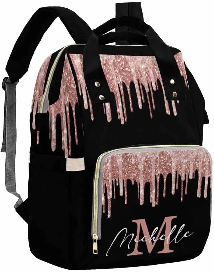 Artsadd Personalized Diaper Bag with Name, Customized Black Pink Glitter Nappy Backpack with Thermal Pockets Handbag Shoulder Bag Multi-function Bags for Women Men