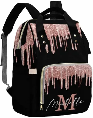 Artsadd Personalized Diaper Bag with Name, Customized Black Pink Glitter Nappy Backpack with Thermal Pockets Handbag Shoulder Bag Multi-function Bags for Women Men