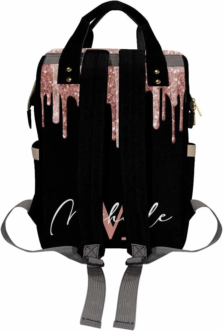 Artsadd Personalized Diaper Bag with Name, Customized Black Pink Glitter Nappy Backpack with Thermal Pockets Handbag Shoulder Bag Multi-function Bags for Women Men
