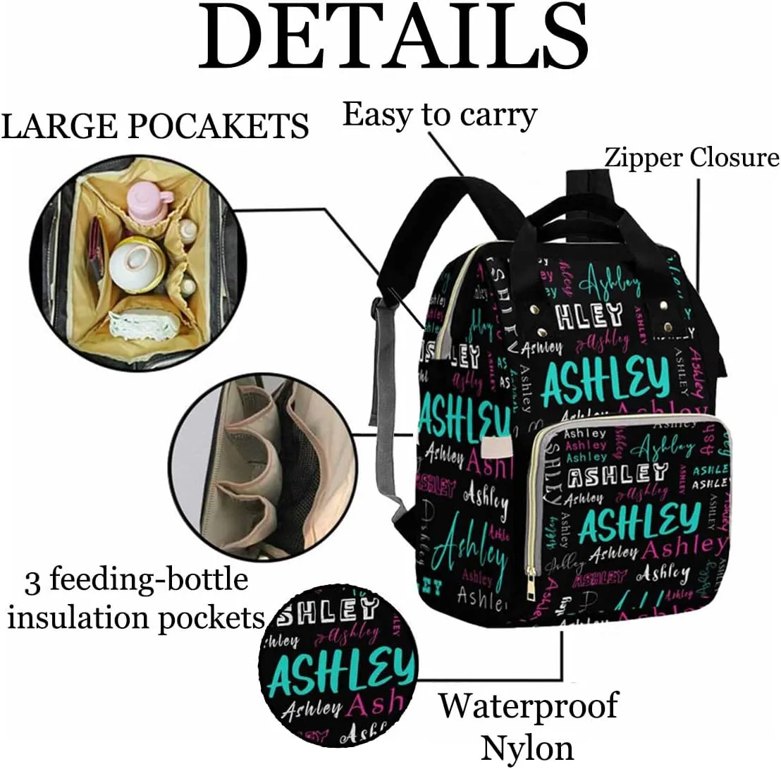 Artsadd Personalized Diaper Bag with Name, Customized Black Pink Glitter Nappy Backpack with Thermal Pockets Handbag Shoulder Bag Multi-function Bags for Women Men