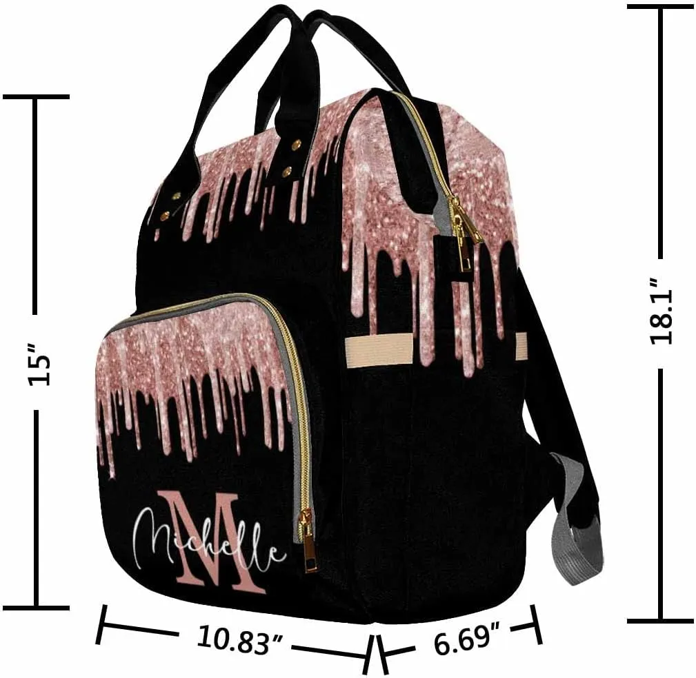 Artsadd Personalized Diaper Bag with Name, Customized Black Pink Glitter Nappy Backpack with Thermal Pockets Handbag Shoulder Bag Multi-function Bags for Women Men