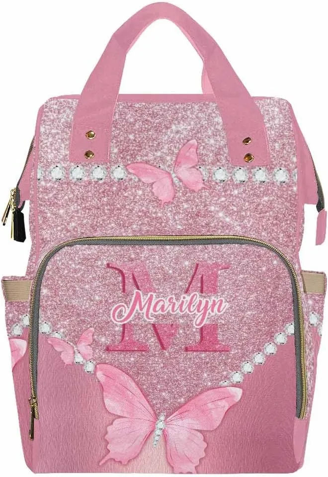Artsadd Personalized Name Diaper Bag for Women Men Custom Pink Pearl Butterfly Diaper Backpack for Mom Wife Customized Multifunctional Travel Backpack Changing Bags for Mother
