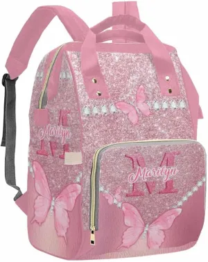 Artsadd Personalized Name Diaper Bag for Women Men Custom Pink Pearl Butterfly Diaper Backpack for Mom Wife Customized Multifunctional Travel Backpack Changing Bags for Mother