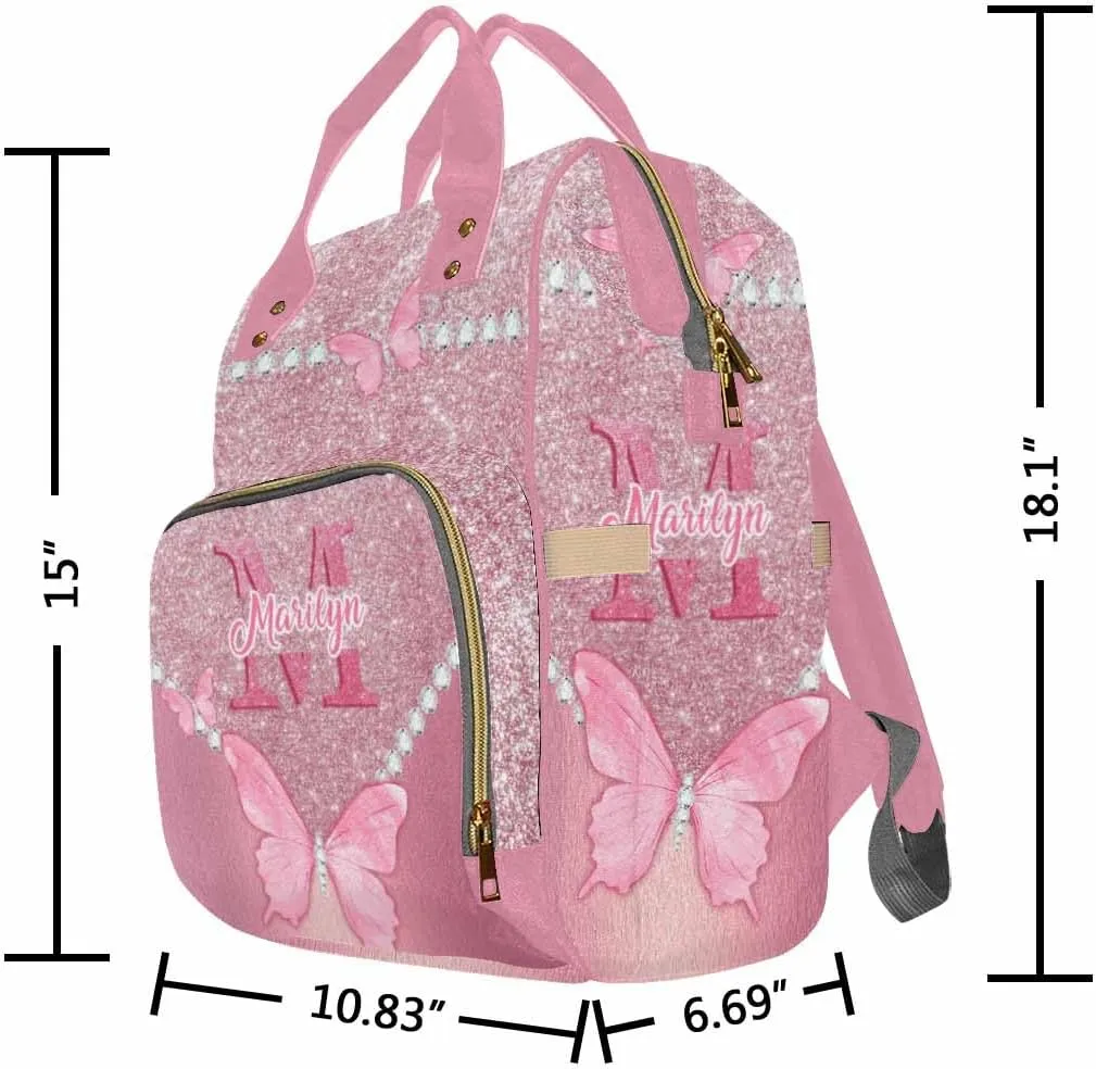 Artsadd Personalized Name Diaper Bag for Women Men Custom Pink Pearl Butterfly Diaper Backpack for Mom Wife Customized Multifunctional Travel Backpack Changing Bags for Mother