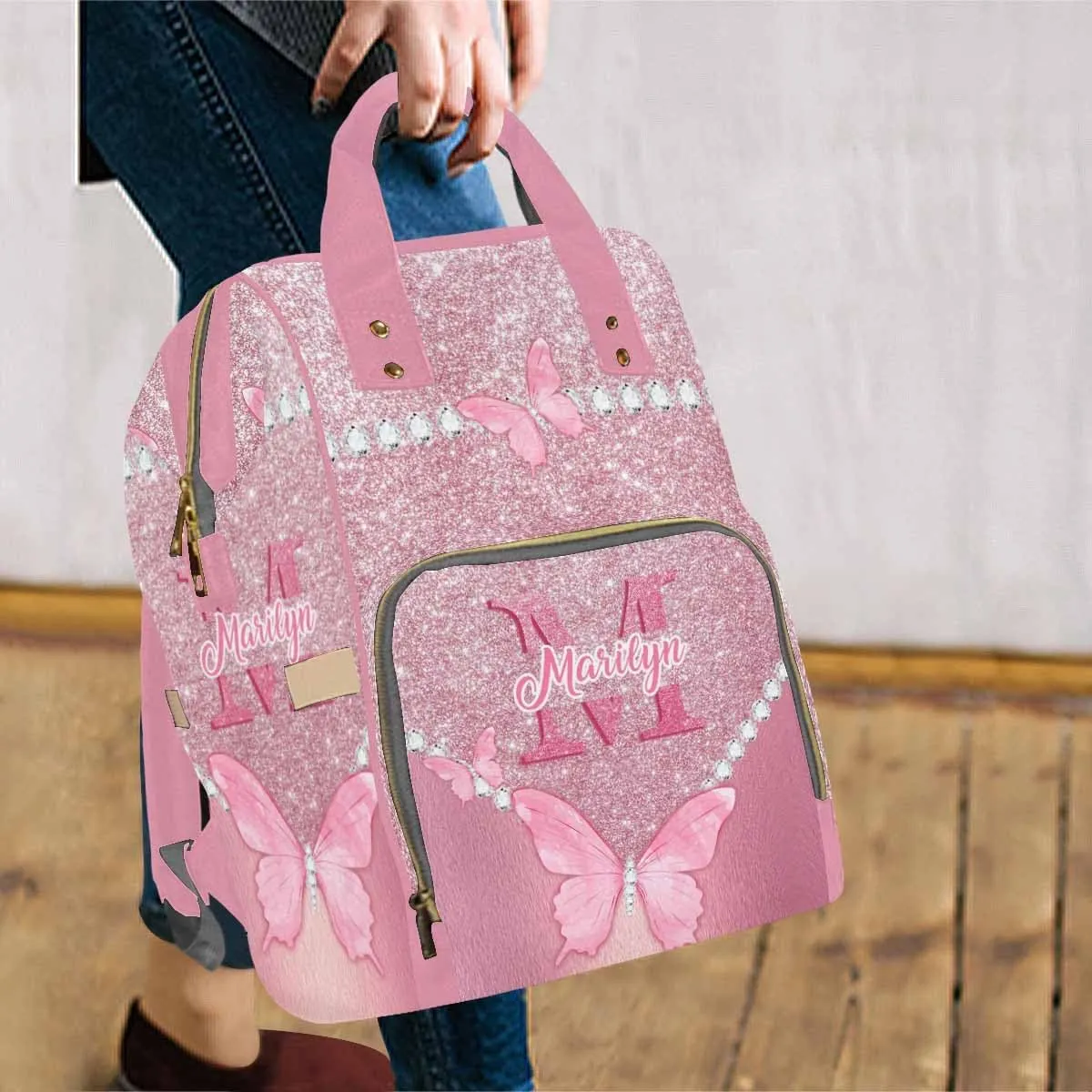 Artsadd Personalized Name Diaper Bag for Women Men Custom Pink Pearl Butterfly Diaper Backpack for Mom Wife Customized Multifunctional Travel Backpack Changing Bags for Mother