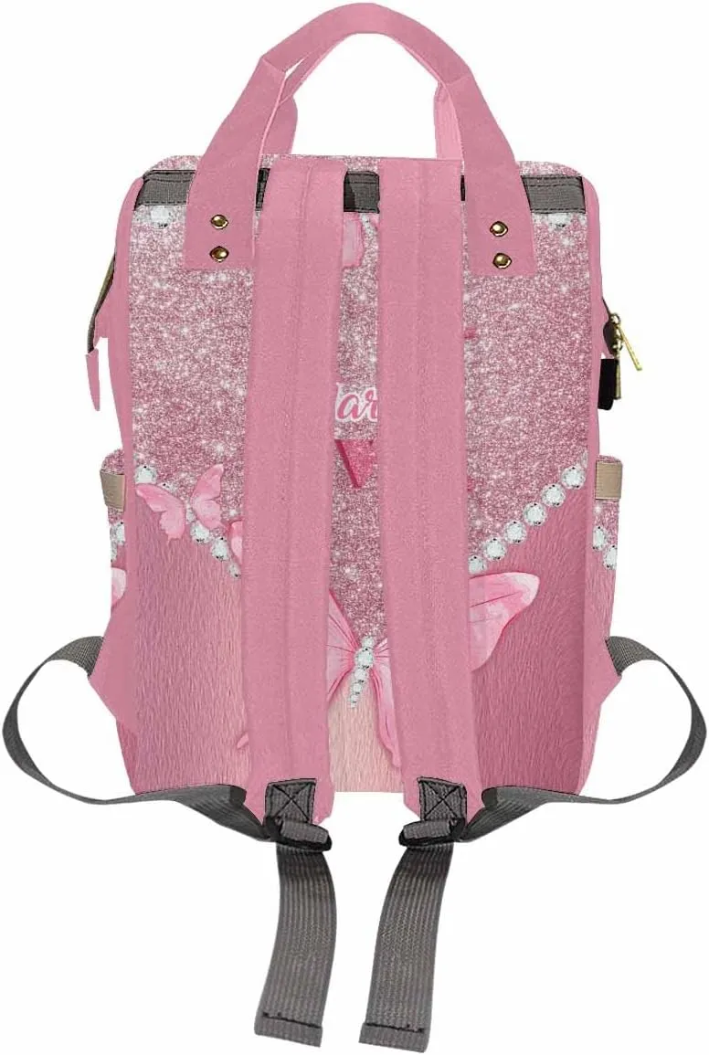 Artsadd Personalized Name Diaper Bag for Women Men Custom Pink Pearl Butterfly Diaper Backpack for Mom Wife Customized Multifunctional Travel Backpack Changing Bags for Mother