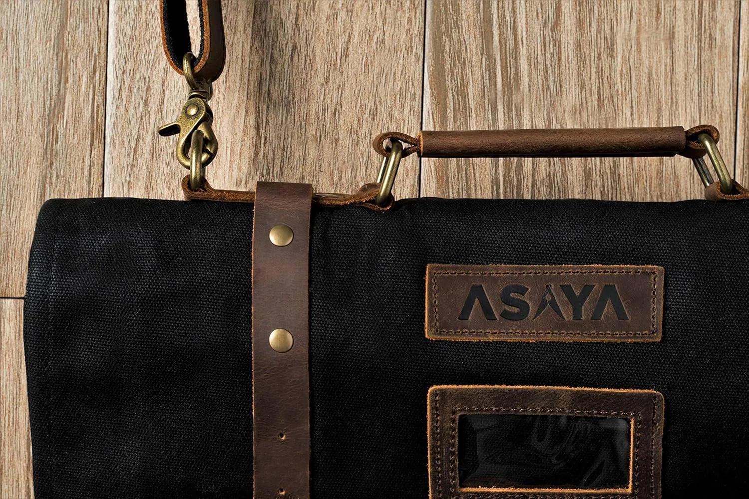Asaya Waxed Canvas Knife Roll - 15 Knife Slots, Card Holder and Large Zippered Pocket - Genuine Leather, Cloth and Brass Buckles - for Chefs and Culinary Students - Knives Not Included