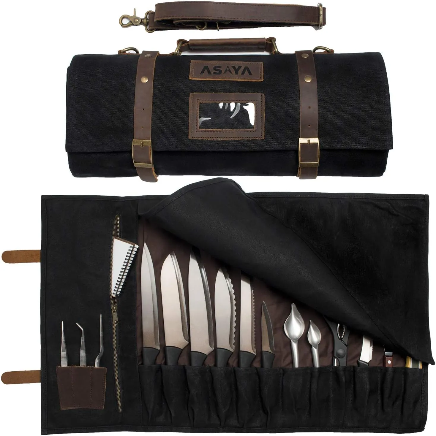 Asaya Waxed Canvas Knife Roll - 15 Knife Slots, Card Holder and Large Zippered Pocket - Genuine Leather, Cloth and Brass Buckles - for Chefs and Culinary Students - Knives Not Included