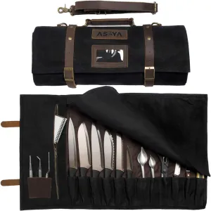 Asaya Waxed Canvas Knife Roll - 15 Knife Slots, Card Holder and Large Zippered Pocket - Genuine Leather, Cloth and Brass Buckles - for Chefs and Culinary Students - Knives Not Included
