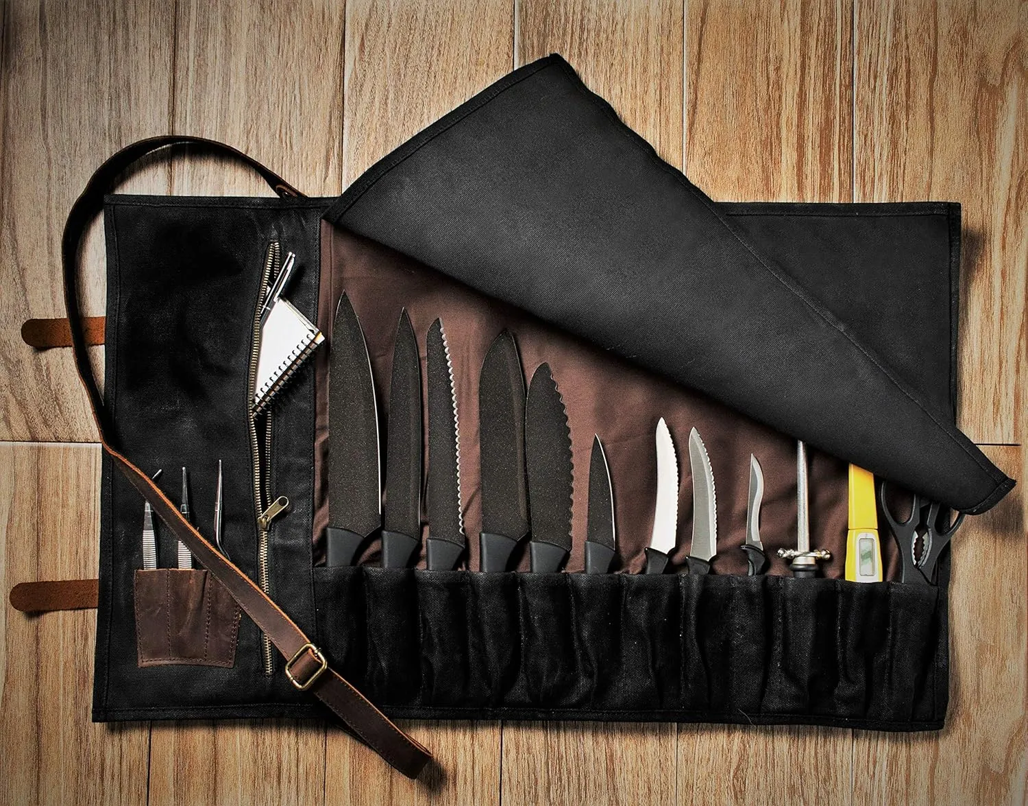 Asaya Waxed Canvas Knife Roll - 15 Knife Slots, Card Holder and Large Zippered Pocket - Genuine Leather, Cloth and Brass Buckles - for Chefs and Culinary Students - Knives Not Included