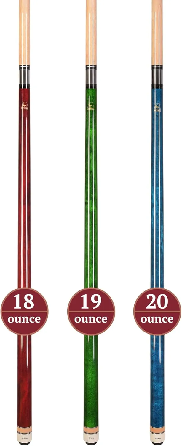 ASKA Set of Wrapless 2-Piece Billiard Pool Cue Sticks L3, 58" Hard Rock Canadian Maple, 13mm Hard Leather Tip, Mixed Weights and Colors
