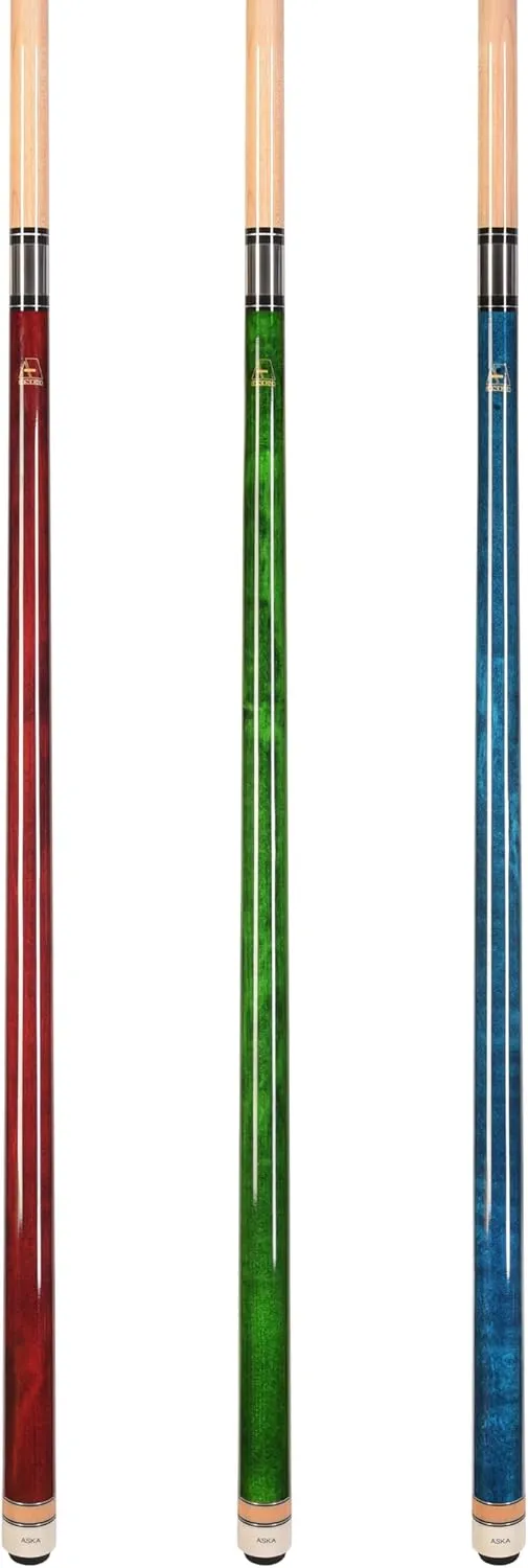ASKA Set of Wrapless 2-Piece Billiard Pool Cue Sticks L3, 58" Hard Rock Canadian Maple, 13mm Hard Leather Tip, Mixed Weights and Colors