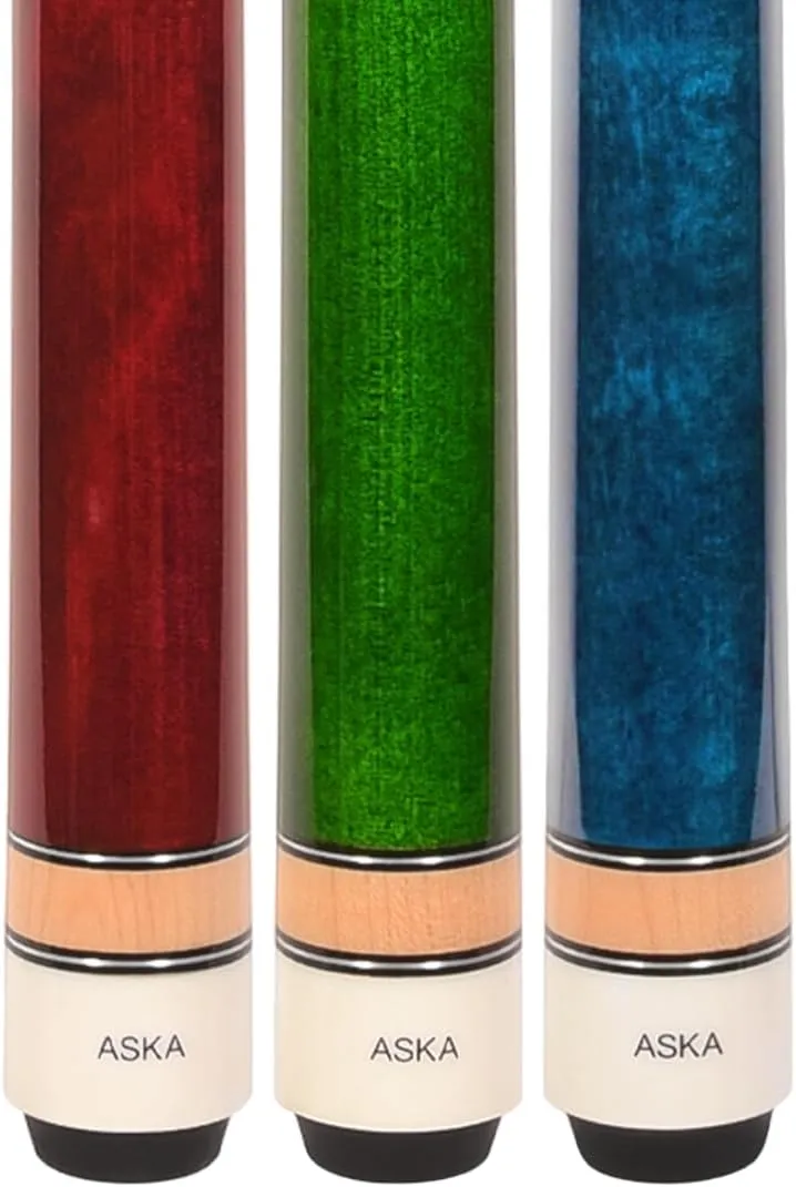 ASKA Set of Wrapless 2-Piece Billiard Pool Cue Sticks L3, 58" Hard Rock Canadian Maple, 13mm Hard Leather Tip, Mixed Weights and Colors