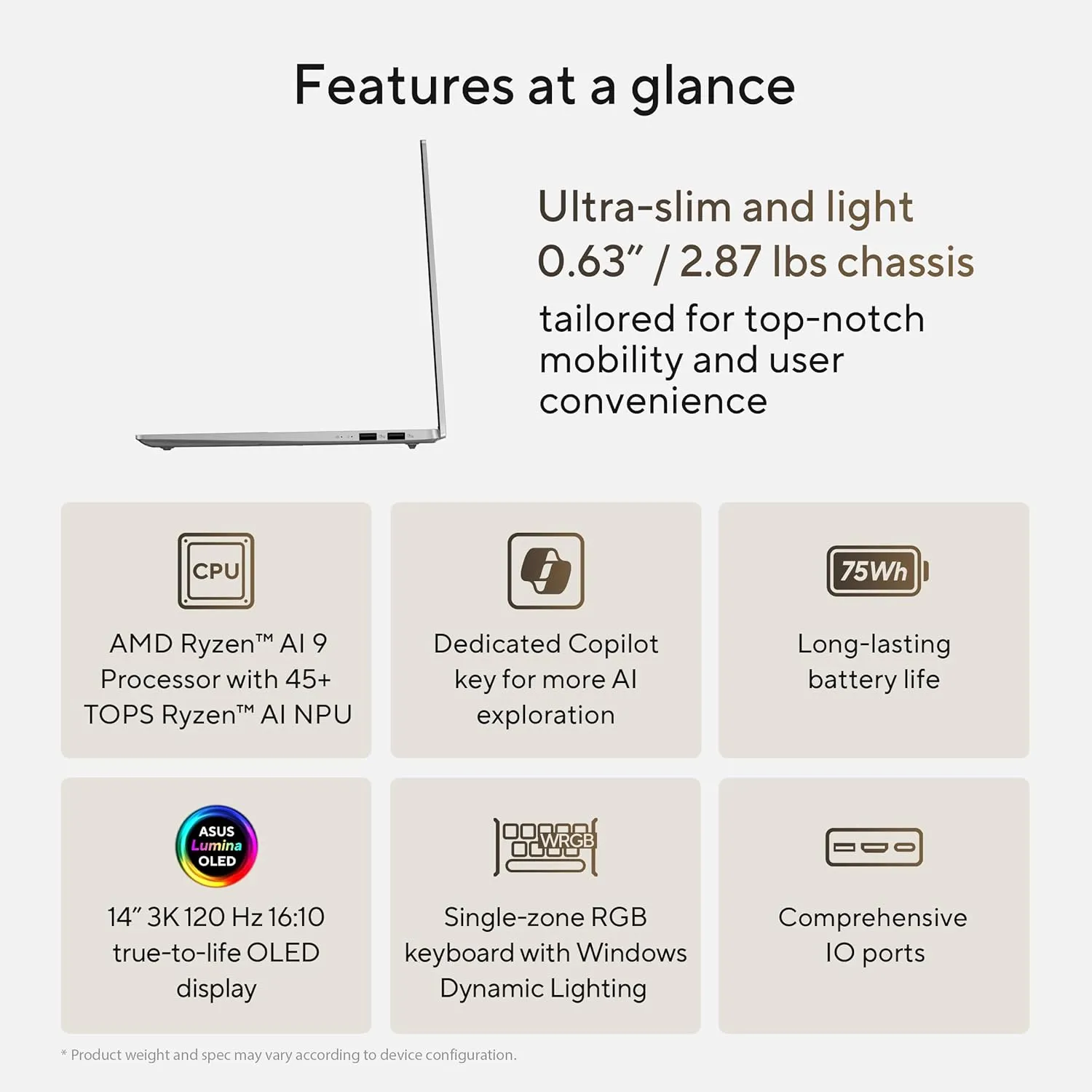 ASUS Vivobook S 14 OLED Slim Laptop, AMD Ryzen AI 9, 24GB, 1TB SSD, Customizable RGB Keyboard, Cool Silver, M5406WA-AH94