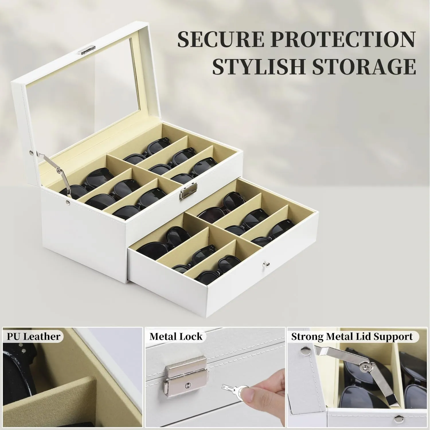 AUTOARK Leather 12 Piece Eyeglasses Storage and Sunglass Glasses Display Drawer Lockable Case Organizer,White,AW-053