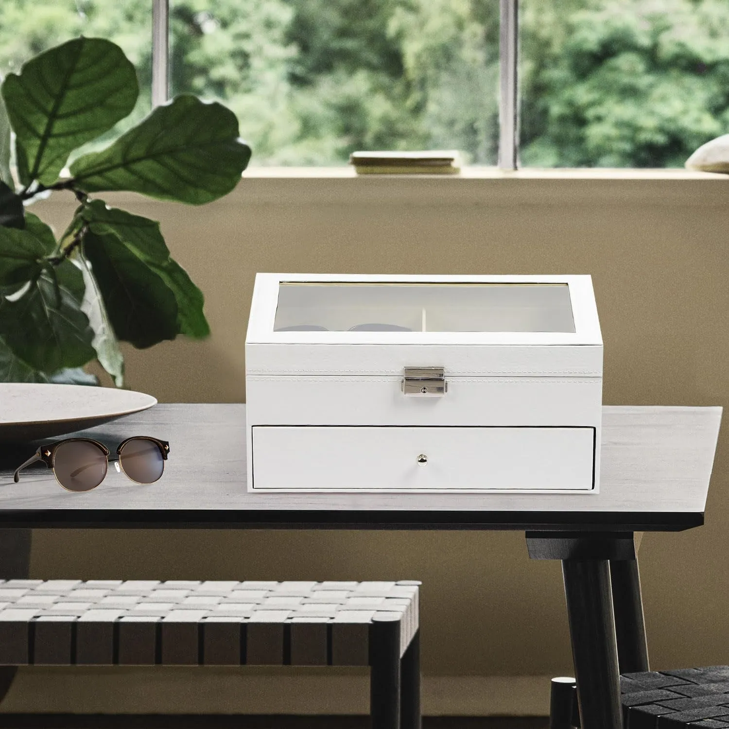 AUTOARK Leather 12 Piece Eyeglasses Storage and Sunglass Glasses Display Drawer Lockable Case Organizer,White,AW-053