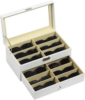 AUTOARK Leather 12 Piece Eyeglasses Storage and Sunglass Glasses Display Drawer Lockable Case Organizer,White,AW-053