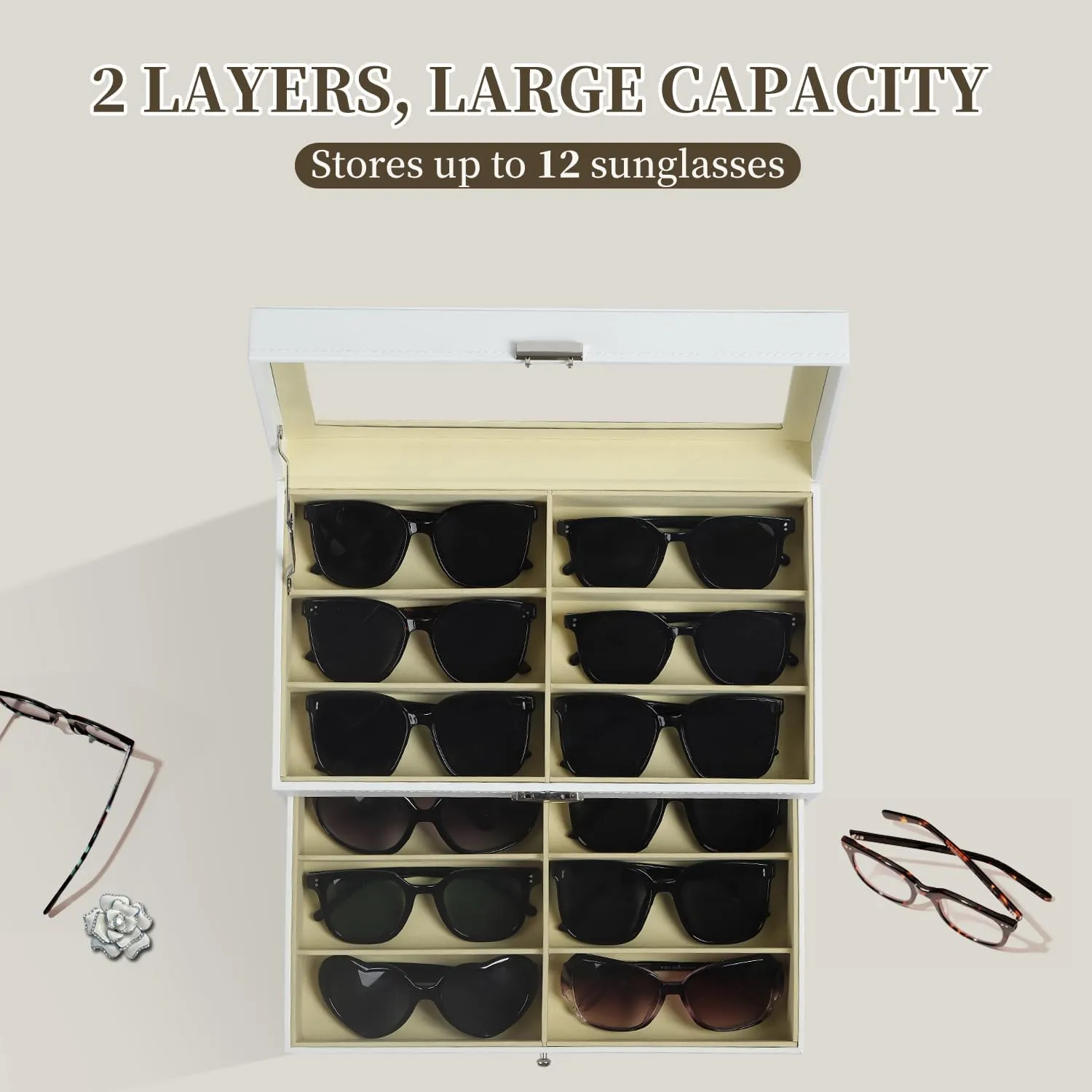 AUTOARK Leather 12 Piece Eyeglasses Storage and Sunglass Glasses Display Drawer Lockable Case Organizer,White,AW-053