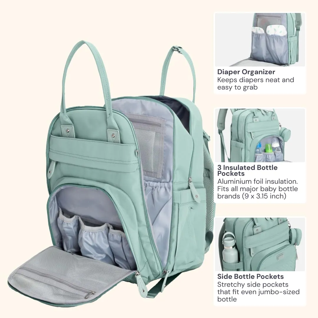 BabbleRoo Diaper Bag Backpack - Baby Essentials Travel Bag - Multi function Waterproof Diaper Bag, Travel Essentials Baby Bag with Changing Pad, Stroller Straps & Pacifier Case – Unisex, Sage Green