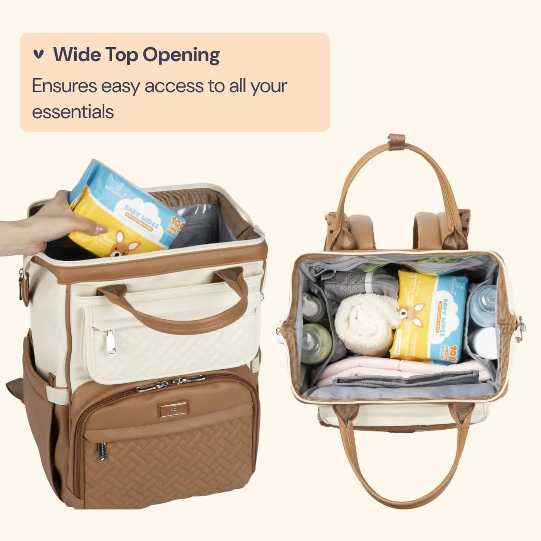 BabbleRoo Leather Diaper Bag Backpack, Multifunction Large Bags with Changing Pad & Stroller Straps & Pacifier Case, Unisex Stylish Travel Back Pack Nappy Changing Bag for Moms Dads (Caramel Cream)