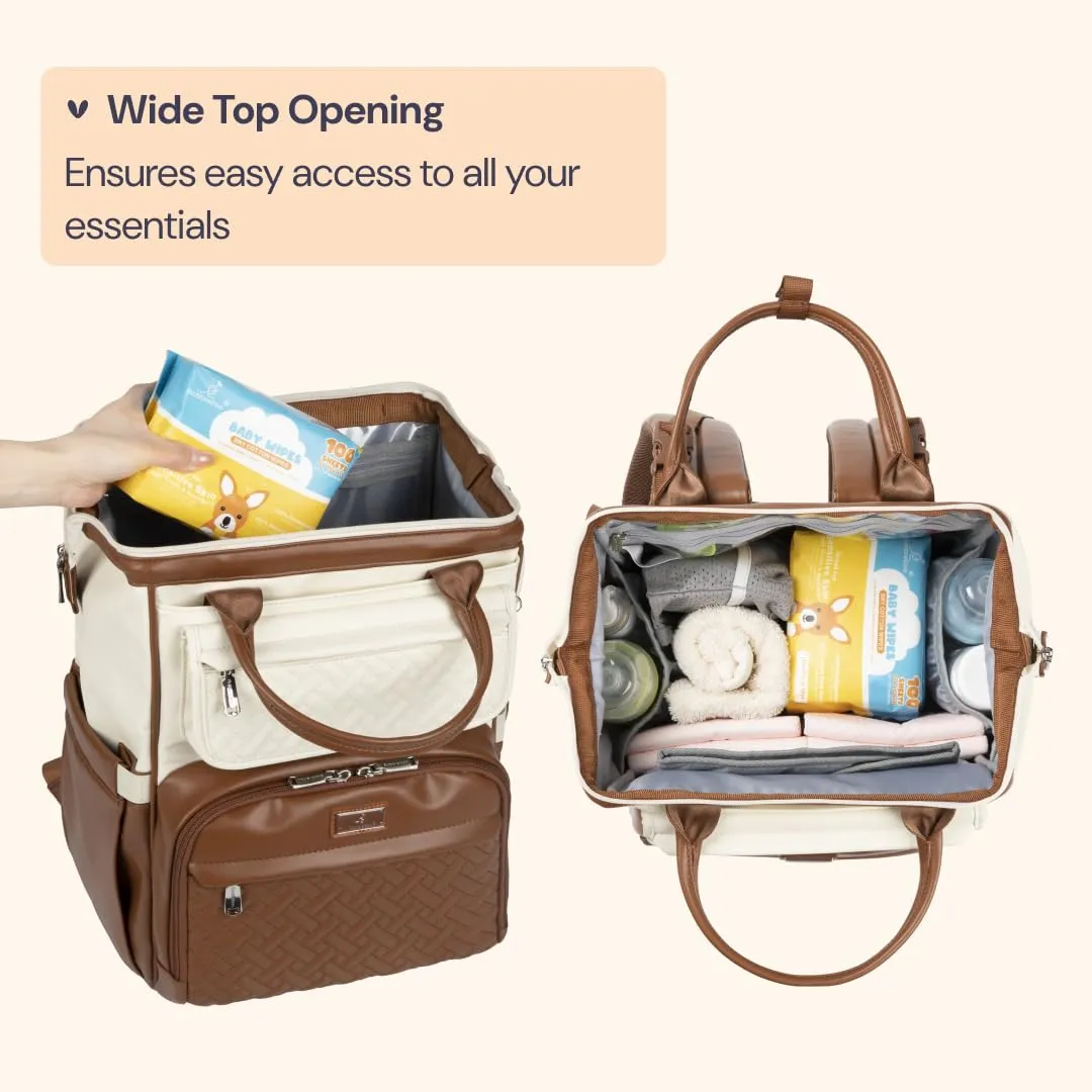 BabbleRoo Leather Diaper Bag Backpack, Multifunction Large Bags with Changing Pad & Stroller Straps & Pacifier Case, Unisex Stylish Travel Back Pack Nappy Changing Bag for Moms Dads (Coffee Cream)