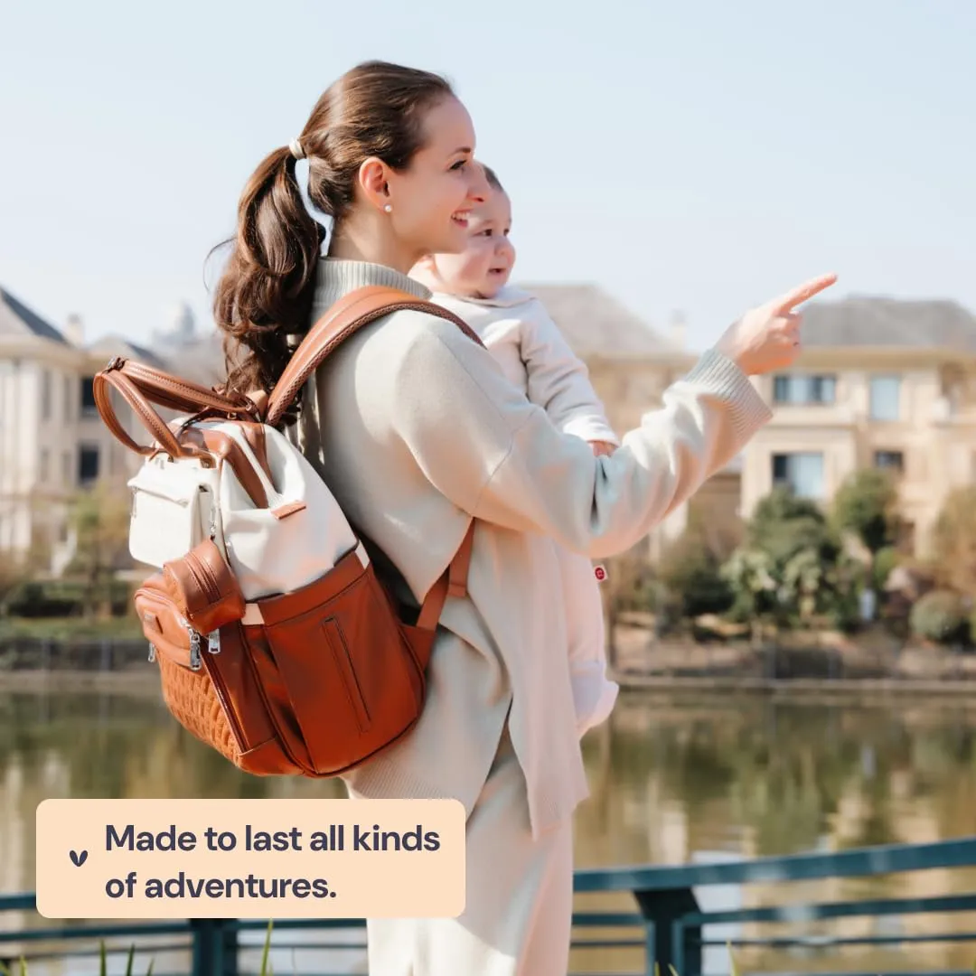 BabbleRoo Leather Diaper Bag Backpack, Multifunction Large Bags with Changing Pad & Stroller Straps & Pacifier Case, Unisex Stylish Travel Back Pack Nappy Changing Bag for Moms Dads (Coffee Cream)