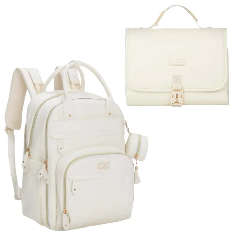 Babbleroo Vegan Leather Portable Changing Pad Eggshell White & Basic Diaper Bag Eggshell White