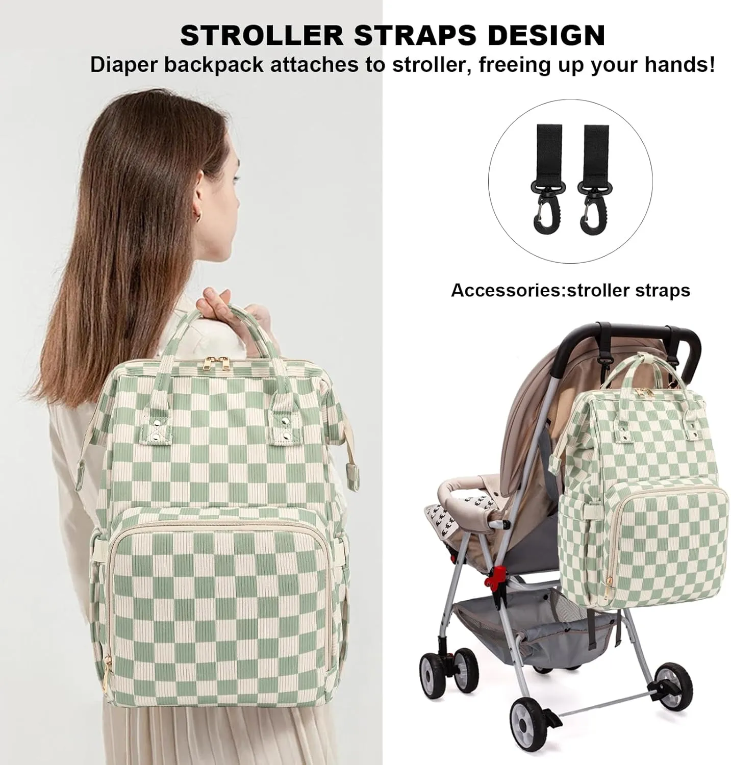 Baby Diaper Bag Backpack for Mom, Large Capacity Travel Nappy Bag for Boys & Girls with Stroller Straps (Corduroy Checkered Green)