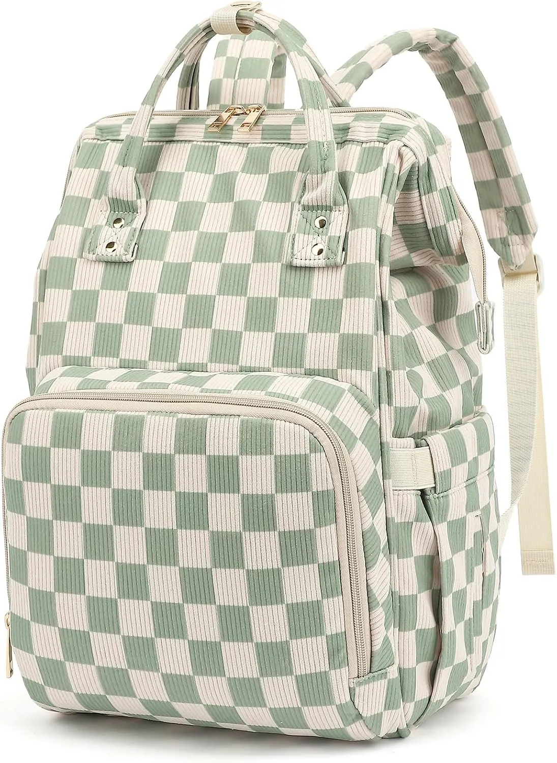 Baby Diaper Bag Backpack for Mom, Large Capacity Travel Nappy Bag for Boys & Girls with Stroller Straps (Corduroy Checkered Green)