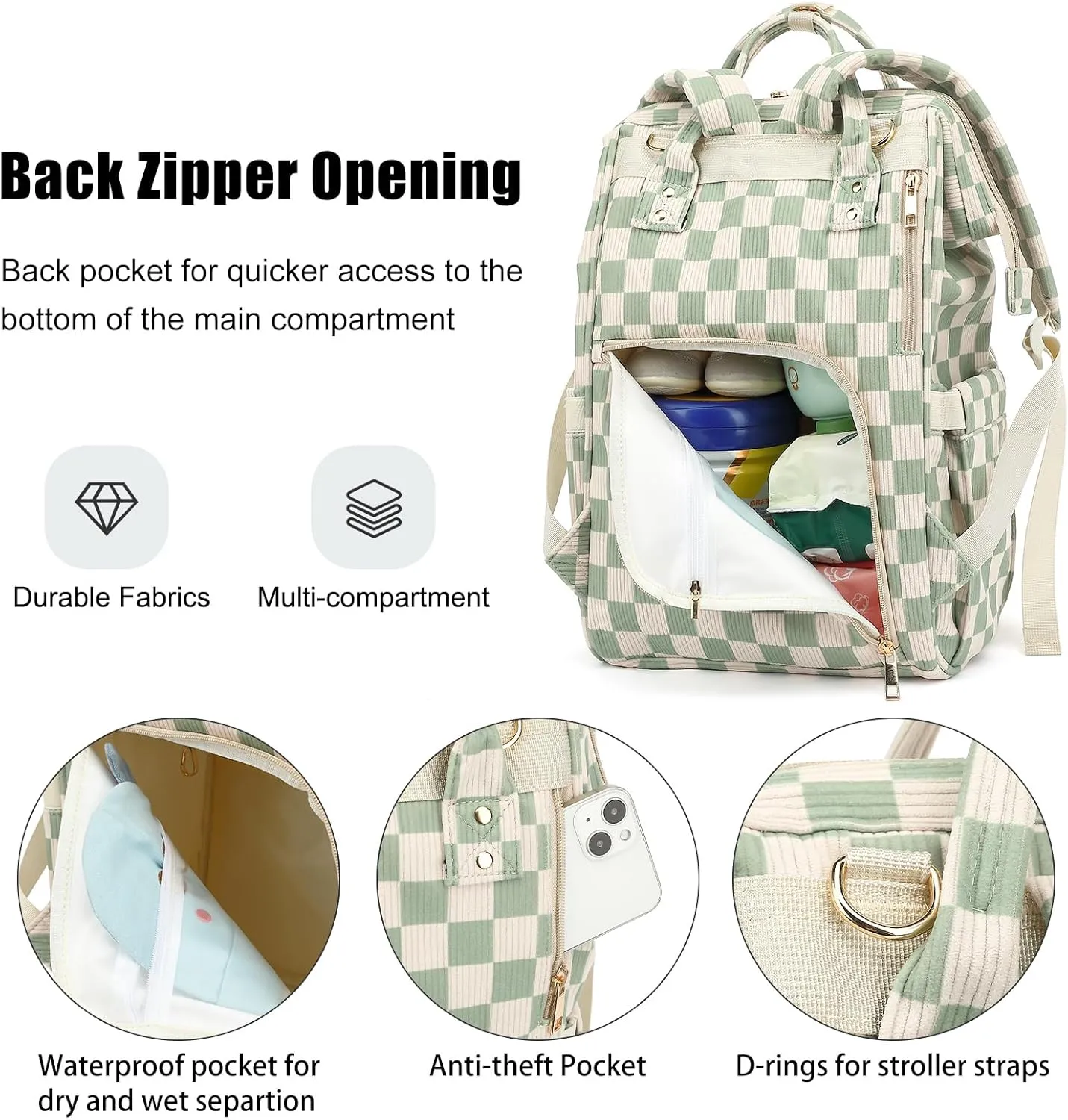 Baby Diaper Bag Backpack for Mom, Large Capacity Travel Nappy Bag for Boys & Girls with Stroller Straps (Corduroy Checkered Green)