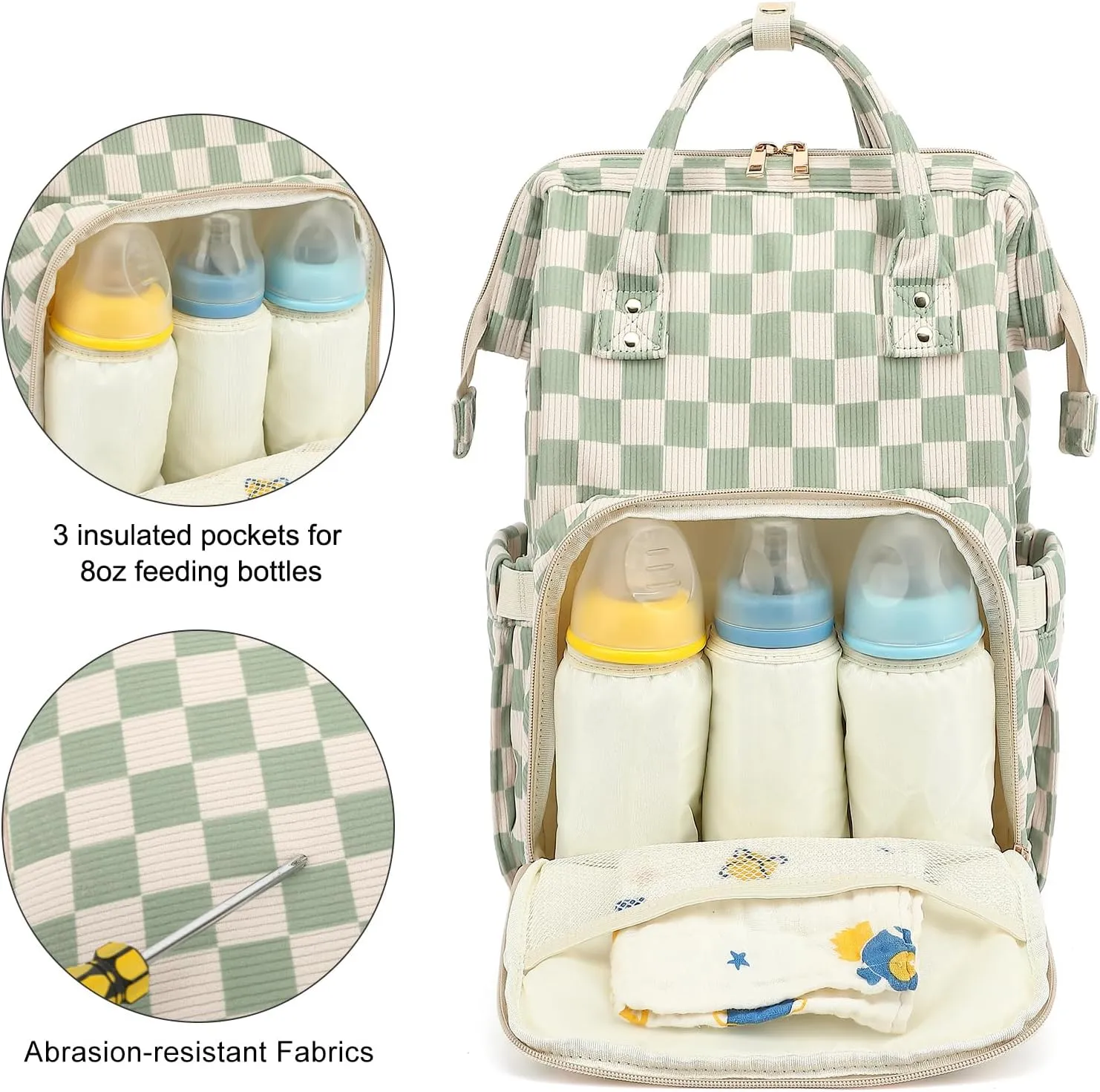 Baby Diaper Bag Backpack for Mom, Large Capacity Travel Nappy Bag for Boys & Girls with Stroller Straps (Corduroy Checkered Green)